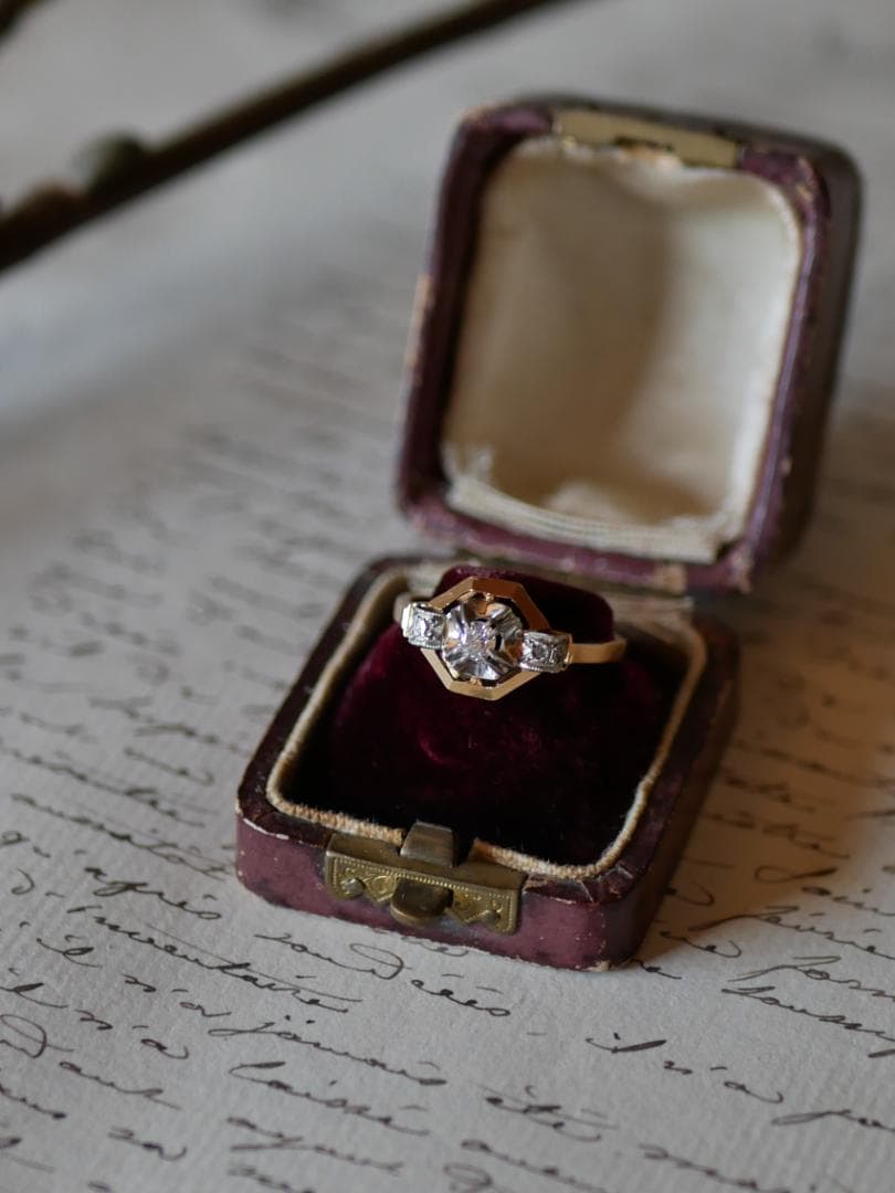 天然ダイアモンド　アールデコ　K18 アンティークリング　フランスアンティーク