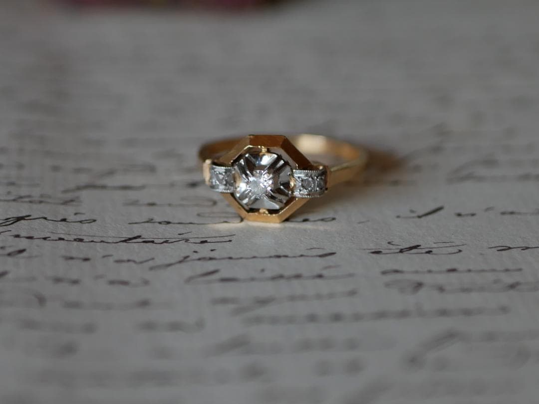 天然ダイアモンド　アールデコ　K18 アンティークリング　フランスアンティーク