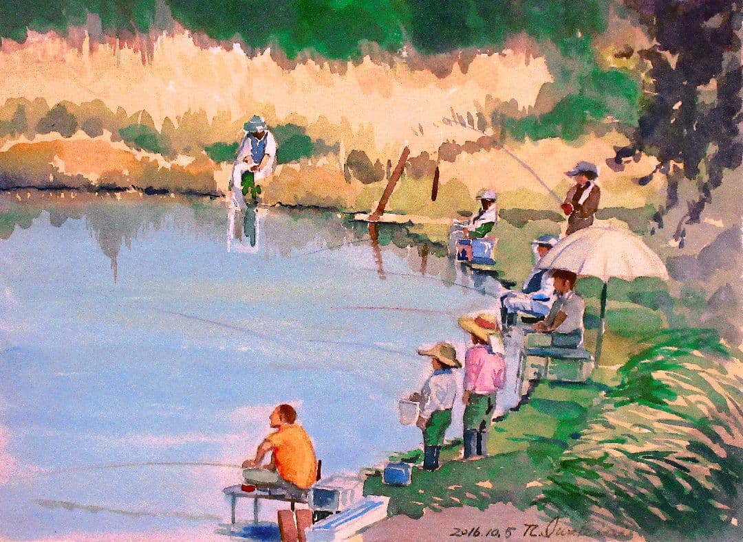 釣り人達水彩画 木製フレーム付き