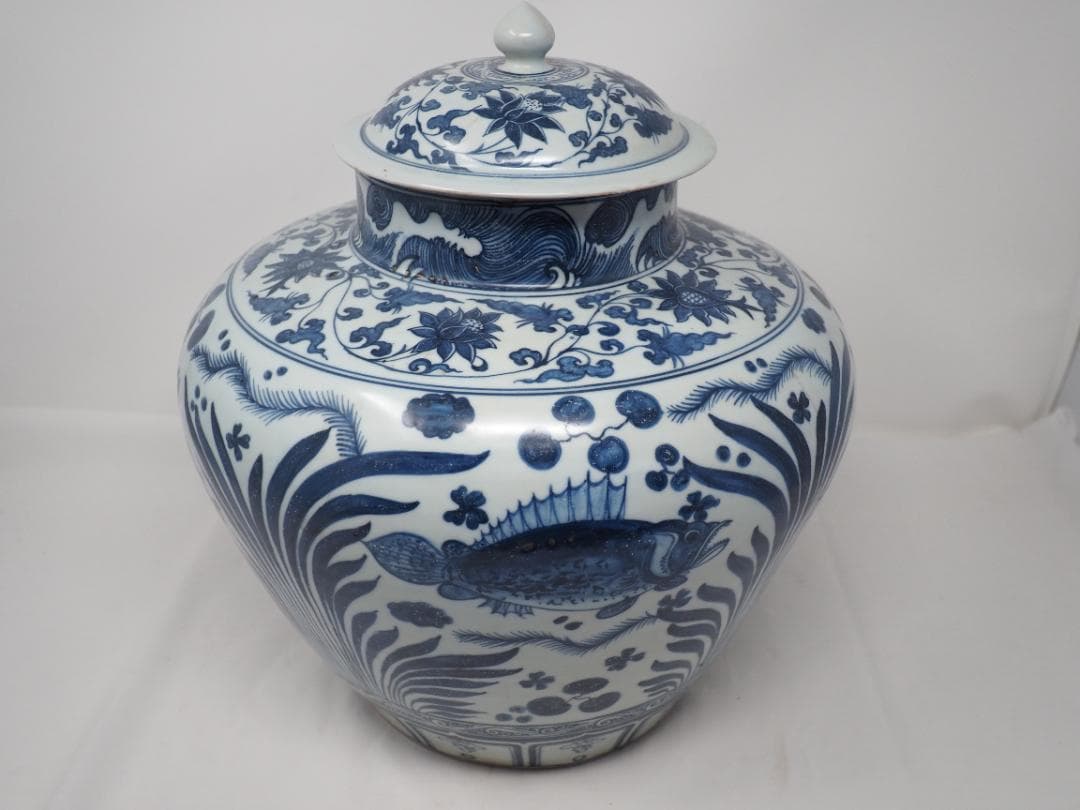 染付　青花魚藻文壷　蓋つき　中国　-SO