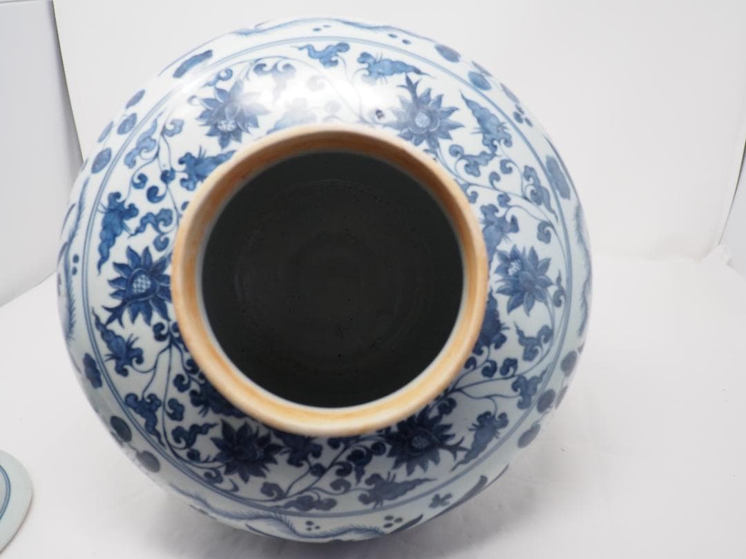 染付　青花魚藻文壷　蓋つき　中国　-SO