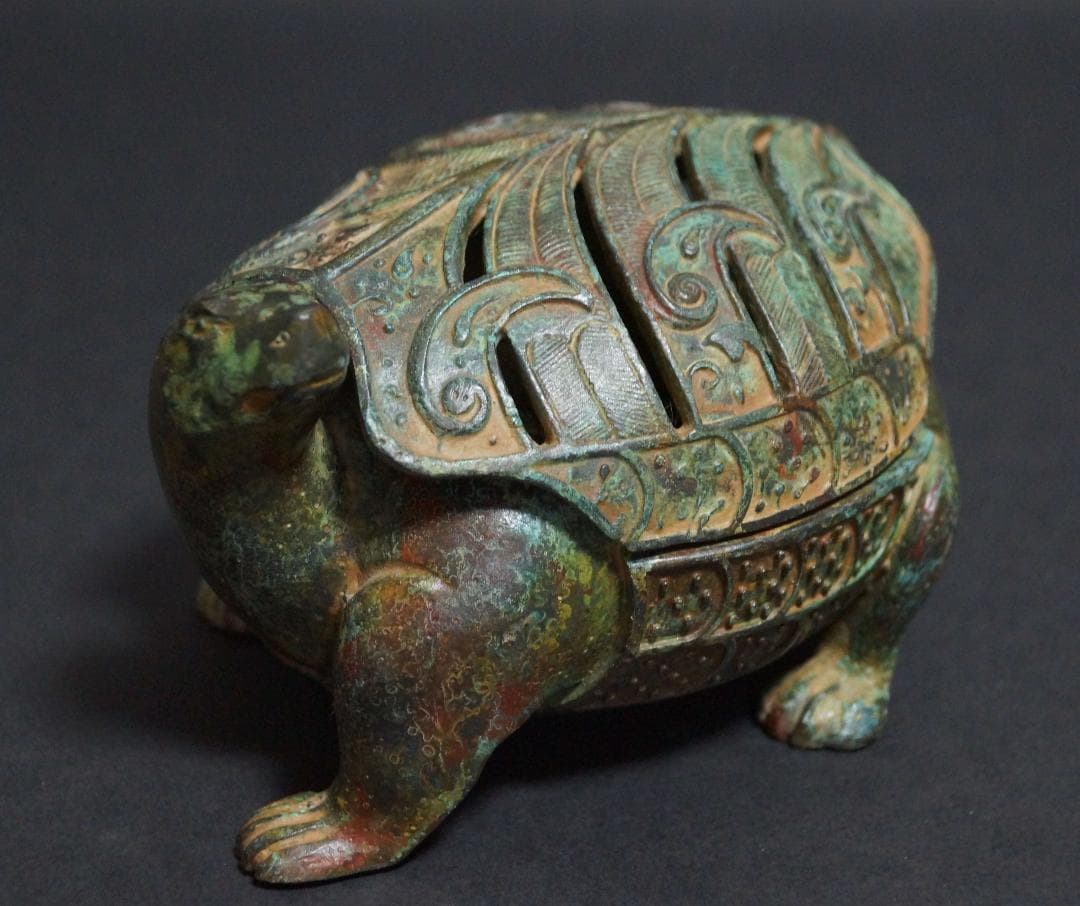 時代青銅製 金工細工 亀香炉 薫香炉 銘文付『亀の置物』 オブジェ 古美術茶道具