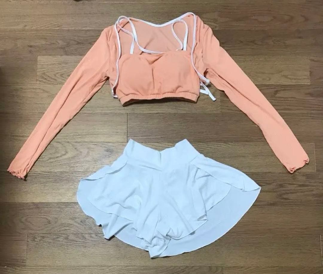 オレンジ ホワイト スカート セット ポールダンス 水着 ヨガ Mサイズ 巾着付