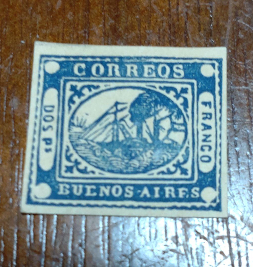 アルゼンチン1858年発行ブエノスアイレス未使用切手。石版印刷