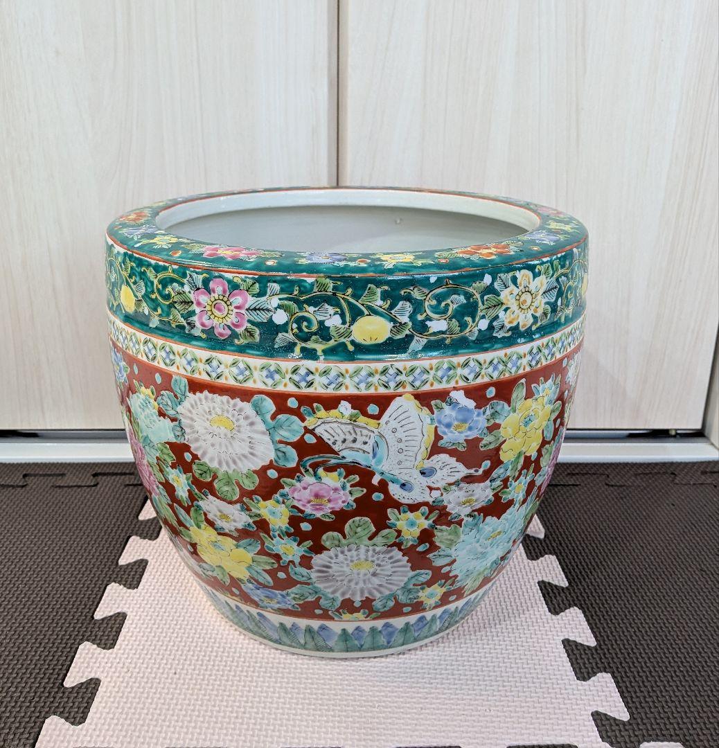 十錦手色絵　花・蝶　火鉢　年代物
