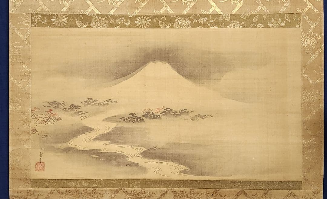 【富岳富士川下り図】狩野洞雲益信 1005 江戸狩野古画 掛け軸 肉筆