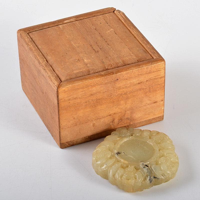 中国　玉石白玉彫刻　蝙蝠刻　玉器　玉壁　玉飾　玉珮　時代箱付　M　R5495