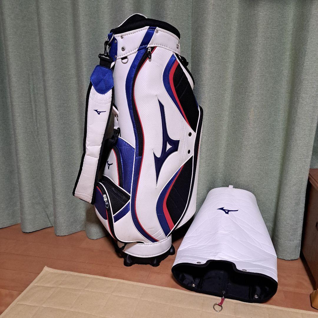 Mizuno ゴルフキャディバッグ.フード付き。 ホワイト/ネイビー。9インチ