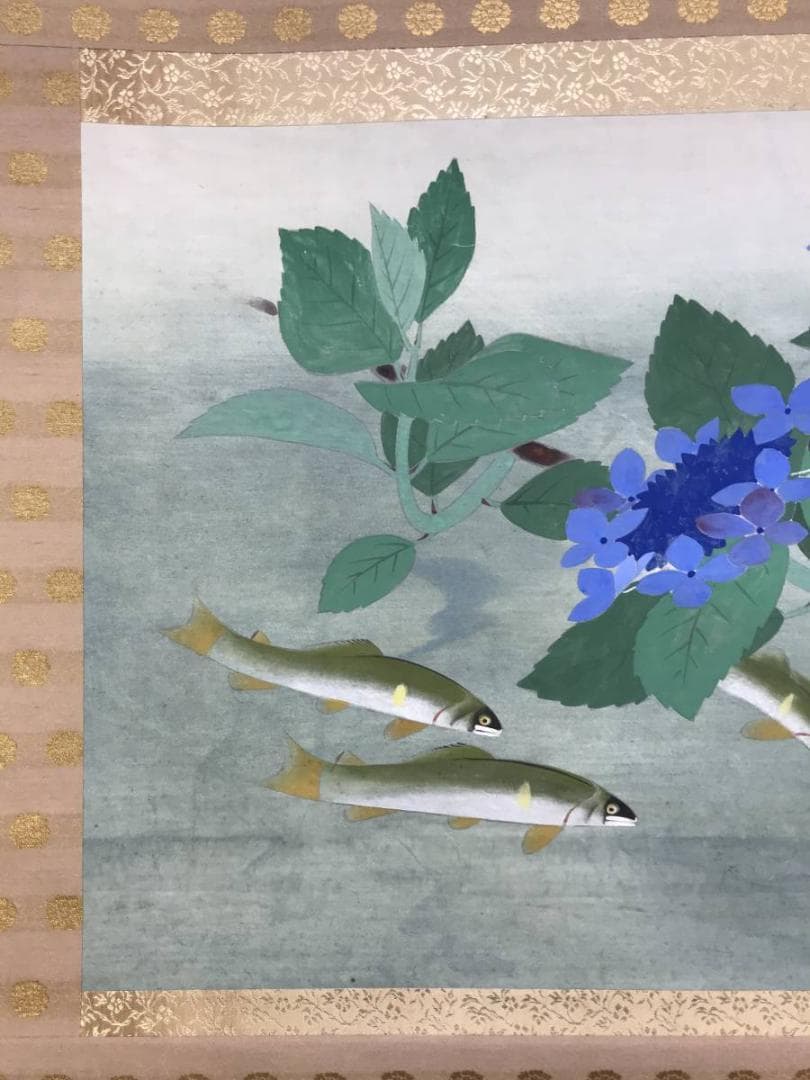 【真作】飯島柳三郎/鮎図/アユ図/香魚図/横物/掛軸/名家伝来/AD-757