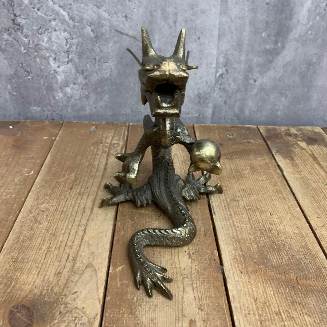 4F 【縁起物】龍 置物 真鍮風 ブロンズ調 ドラゴン 竜 龍神 五本爪 宝玉