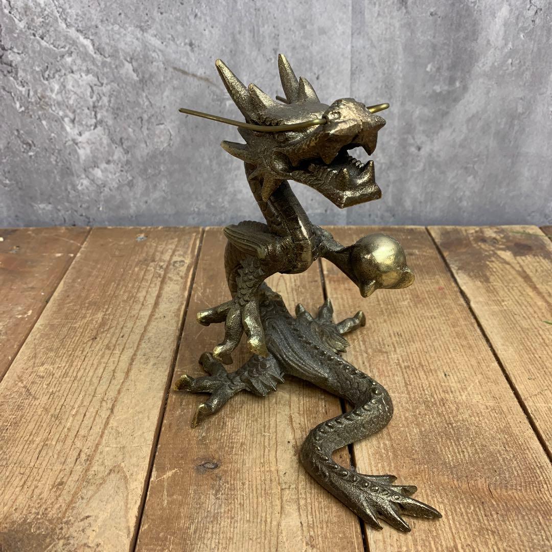 4F 【縁起物】龍 置物 真鍮風 ブロンズ調 ドラゴン 竜 龍神 五本爪 宝玉