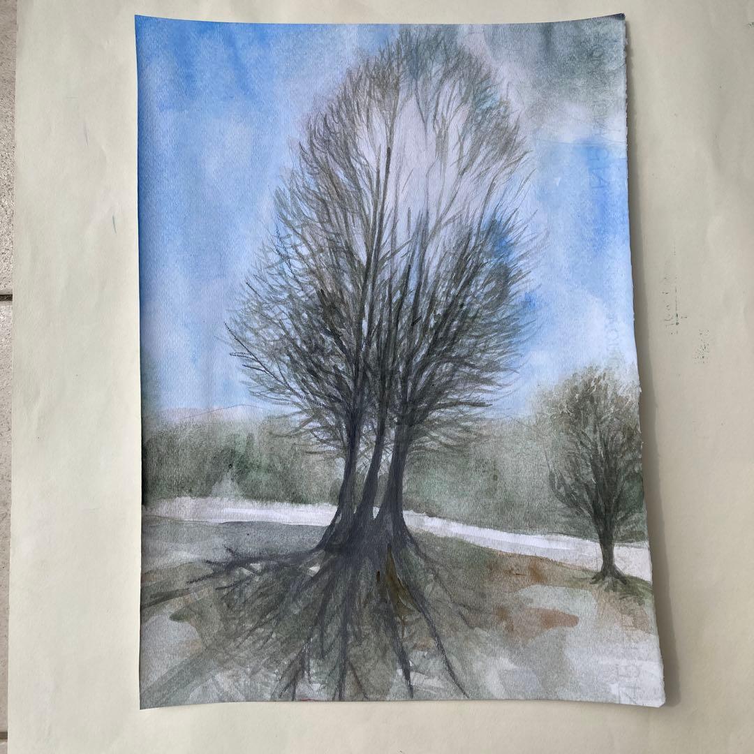 水彩画「太陽と木と雲」