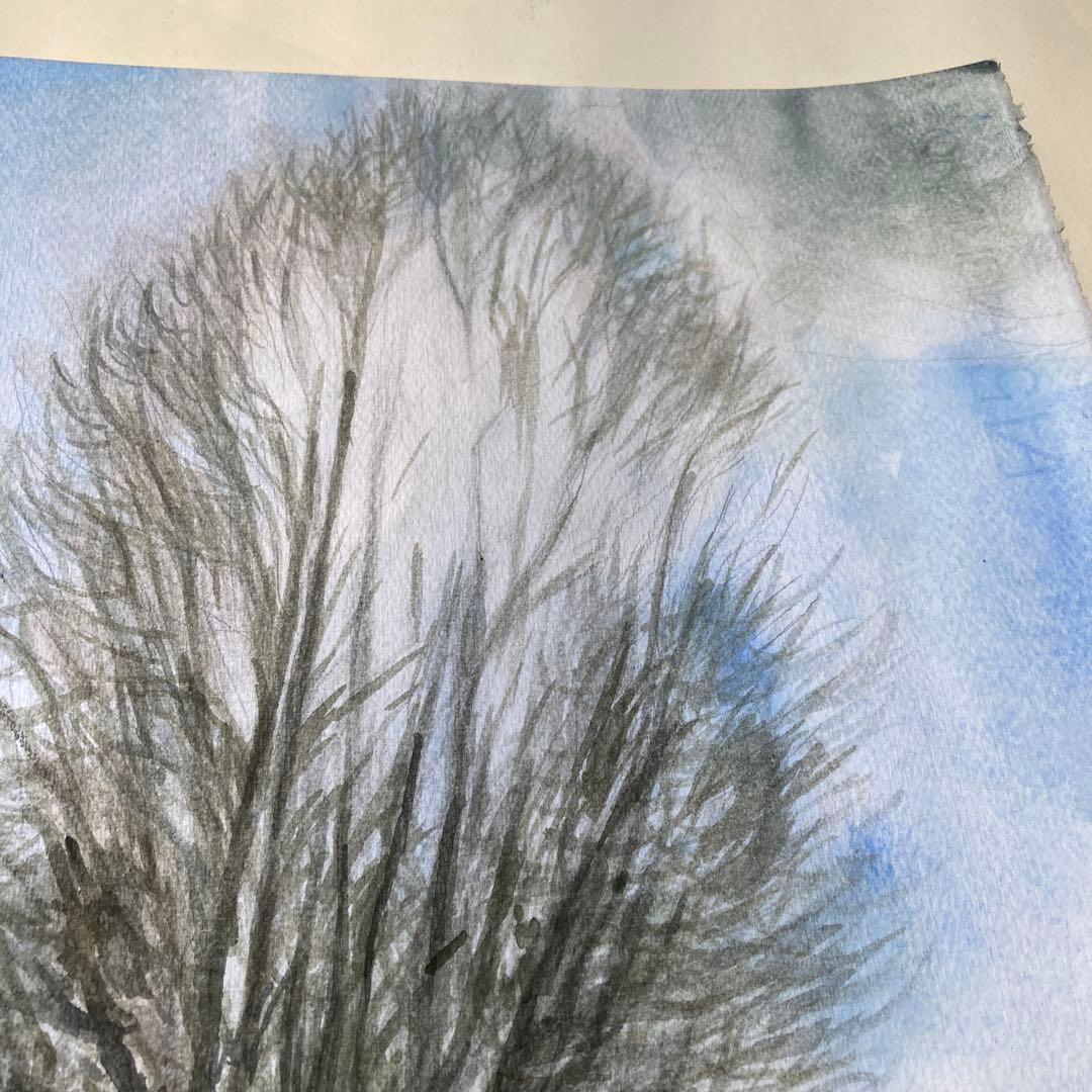 水彩画「太陽と木と雲」