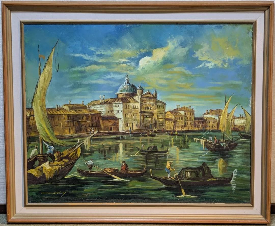 【真作】絵画　油彩30号　陽光のヴェネツィア運河風景　ヨーロッパ風景画　X190