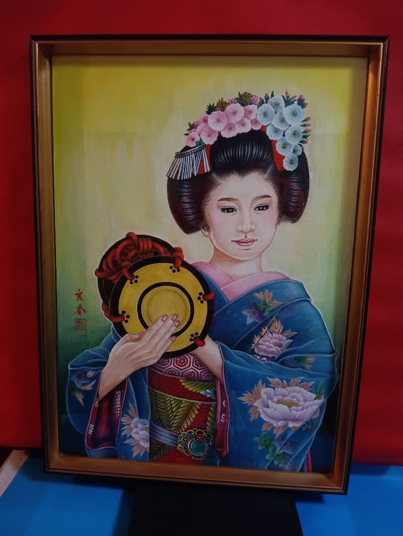 時代着物美人姿水彩画昭和時代頃縦５７Ｘ横幅４２Ｘ厚さ３センチガラス当時物額装品