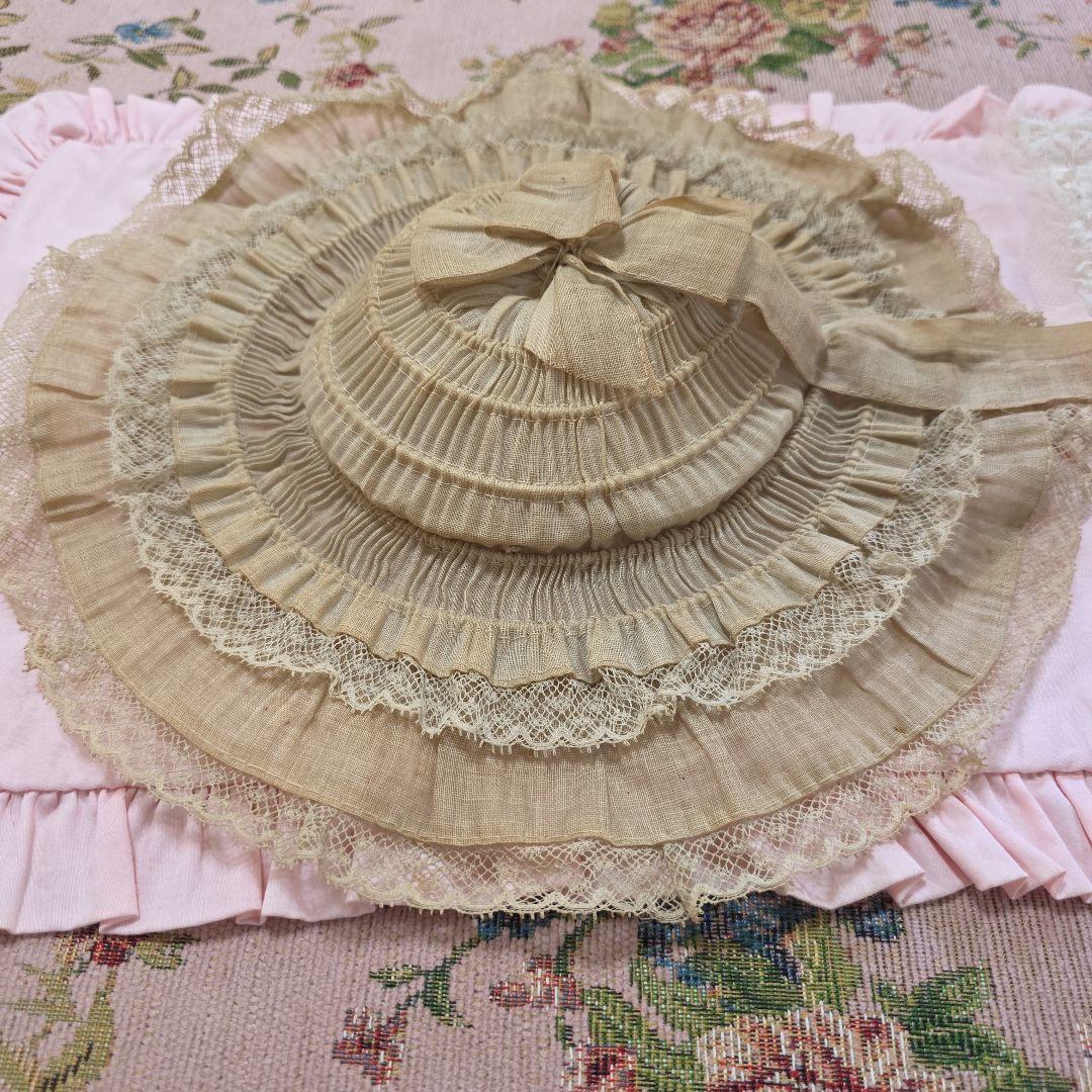 フランスアンティーク　ビスクドール　ボネハット　リネン　フリル　ジュモー　帽子