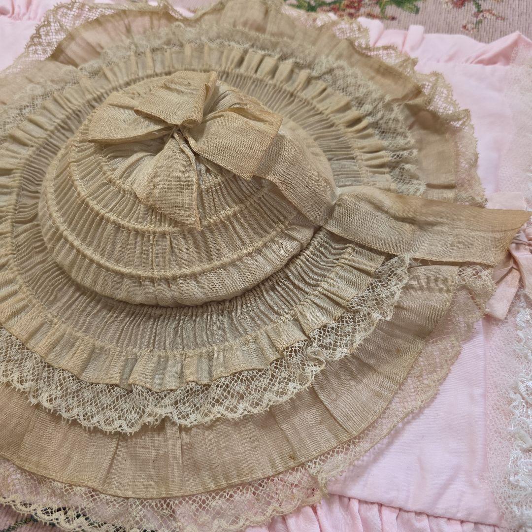 フランスアンティーク　ビスクドール　ボネハット　リネン　フリル　ジュモー　帽子