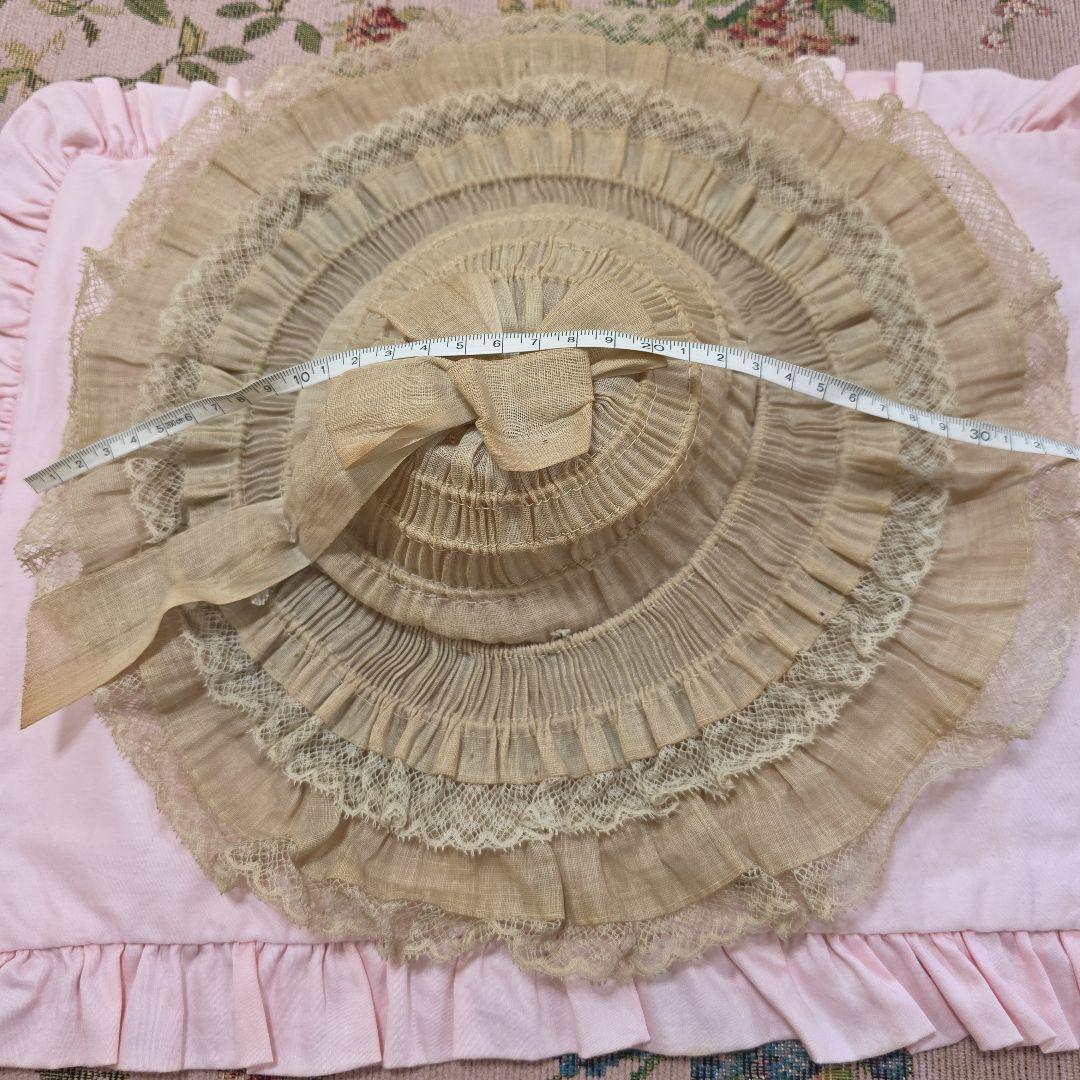 フランスアンティーク　ビスクドール　ボネハット　リネン　フリル　ジュモー　帽子