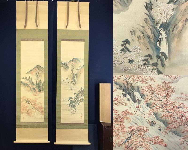 真作/森寛斎/春秋山水図/紅葉図/桜花図/双幅/対幅/掛軸☆宝船☆AH-534