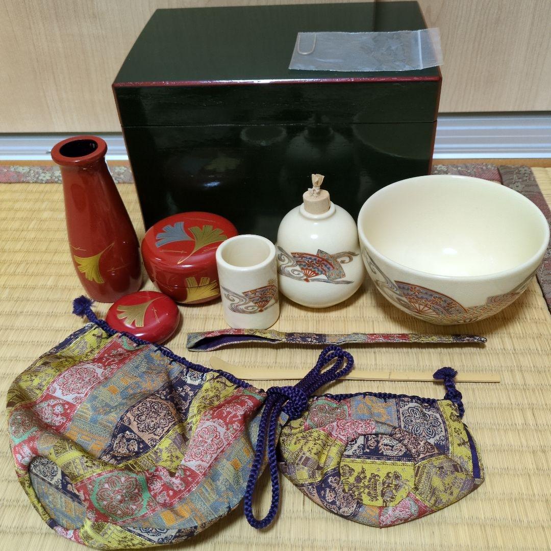 野点　茶道具セット 木製箱 茶器 茶碗等　深緑　青面朱　セット
