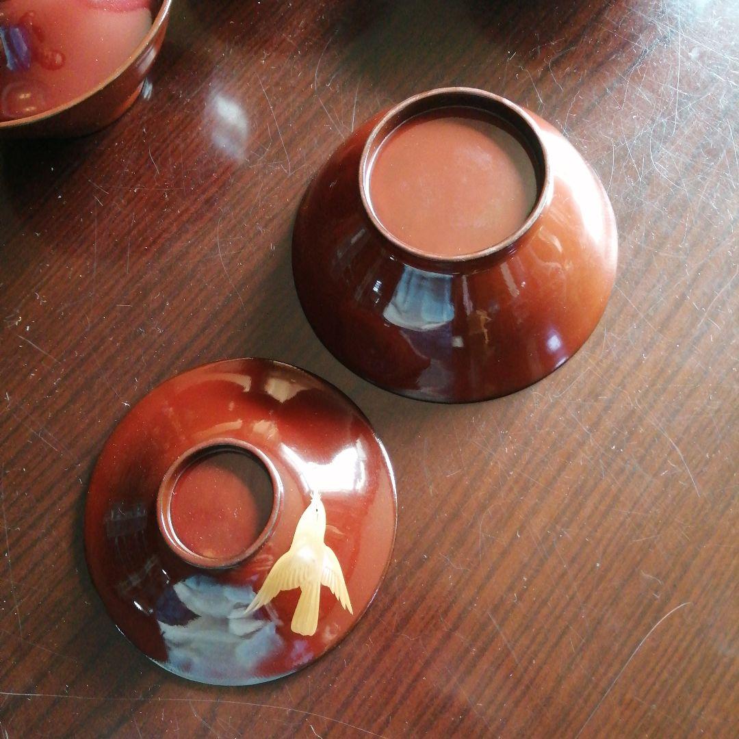 木製漆器　金彩飛鳥画蓋付椀　10客　13cm　大正～昭和初期　【椀中ヤケあり】