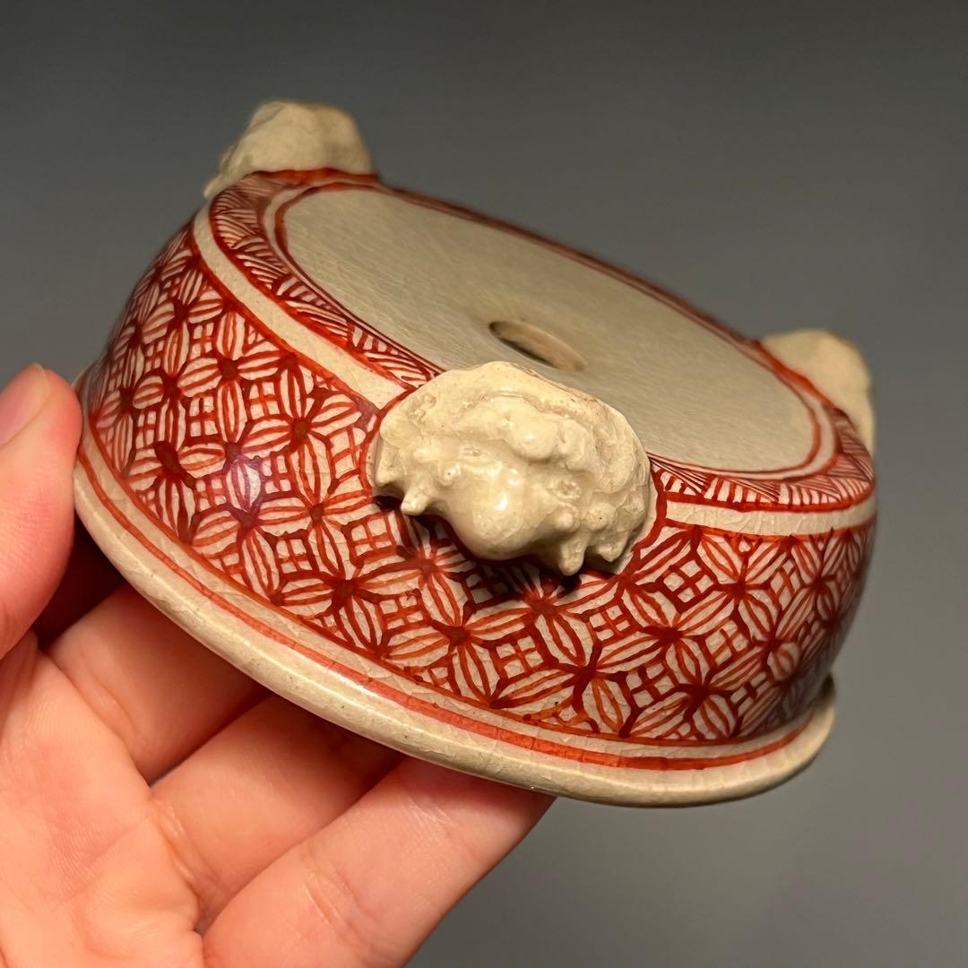 812.佐野大助 赤繪模様紋兽足丸 盆栽鉢 模木鉢 9.7*4cm