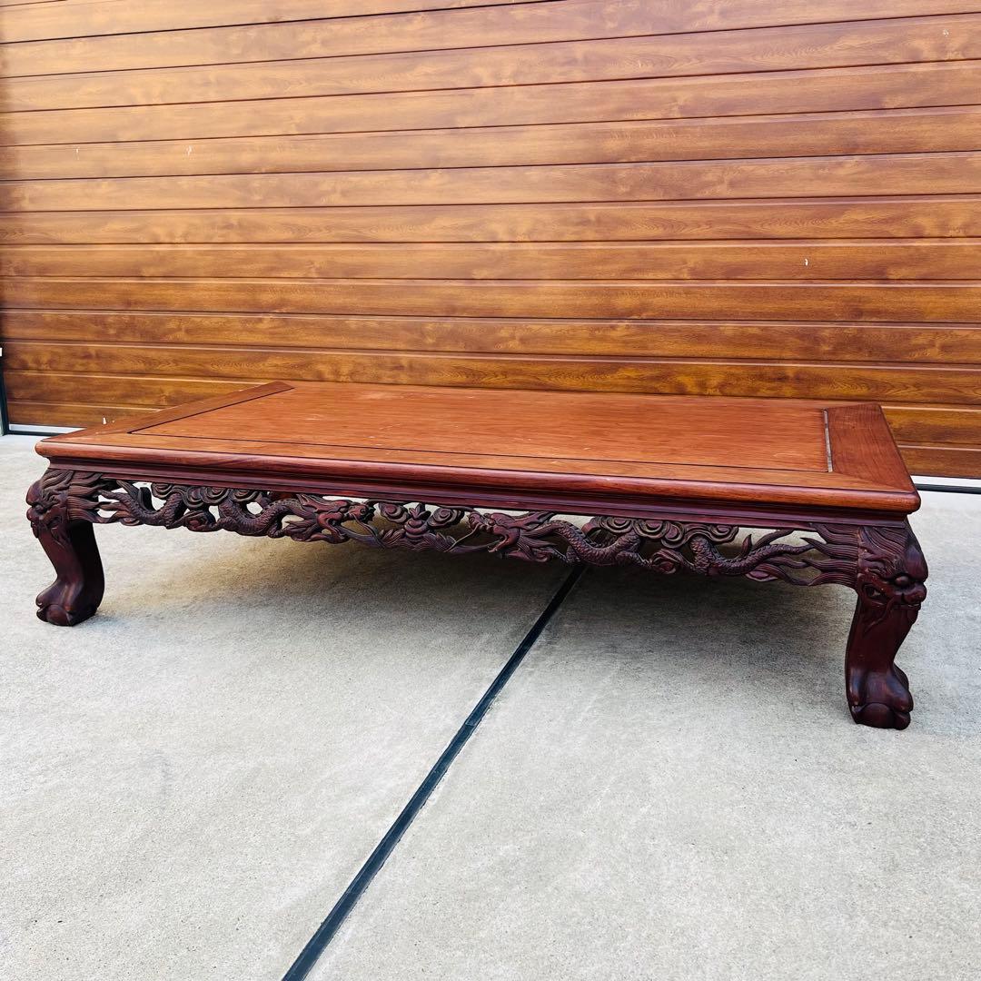 高級唐木　獅子龍彫刻付き　漆仕上げ　長座卓　150センチ幅　テーブル　一枚板