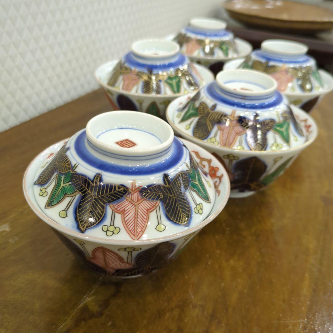 骨董 蓋茶碗 茶碗 陶器 色絵 煮物椀 向付 アンティーク 5つ〜