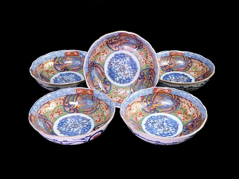 大聖寺伊万里　金襴手　福良雀の図　膾皿　５客　260AS-CXl