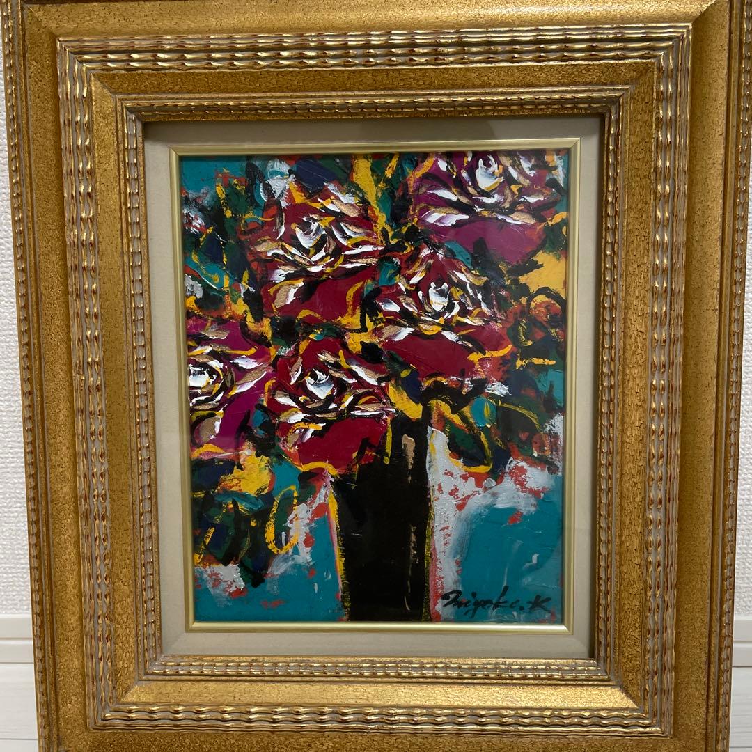 晩年の作品【真作】川島見依子 「ばら」 油彩 F3号/直筆サイン入り/晩年の名画