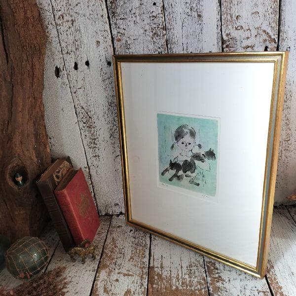 画家 絵本作家 荻太郎 画伯 作 少女と黒猫 24/100部 限定 リトグラフ