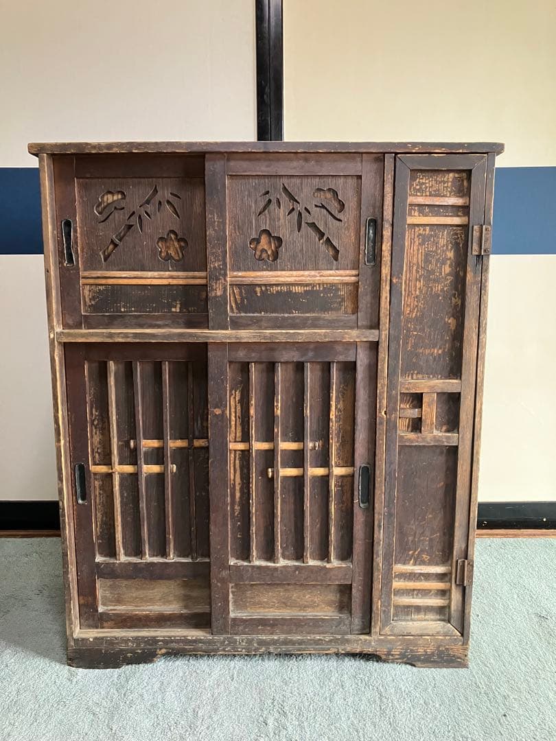 レトロ商品　木製彫刻入り　中型下駄箱　傘入れ　アンティーク家具