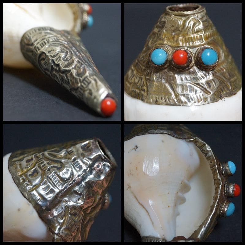 チベット密教法具法螺貝(シャンカ)銀製シルバー巻き手造り打出し『唐草紋』装飾仏教