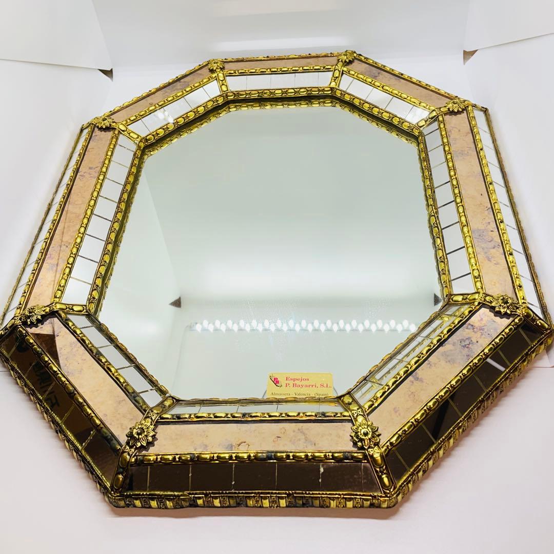 スペイン製 アンティーク 八角形 鏡 ミラー 金属枠 壁掛け ヴィンテージ 装飾