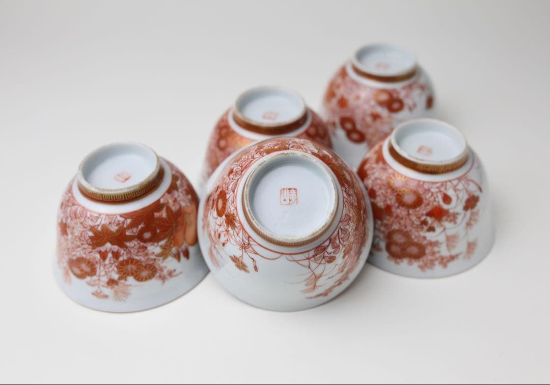 九谷焼 金城竜山 九谷竜山 金彩 赤絵秋草 煎茶器 急須 煎茶道具 煎茶碗