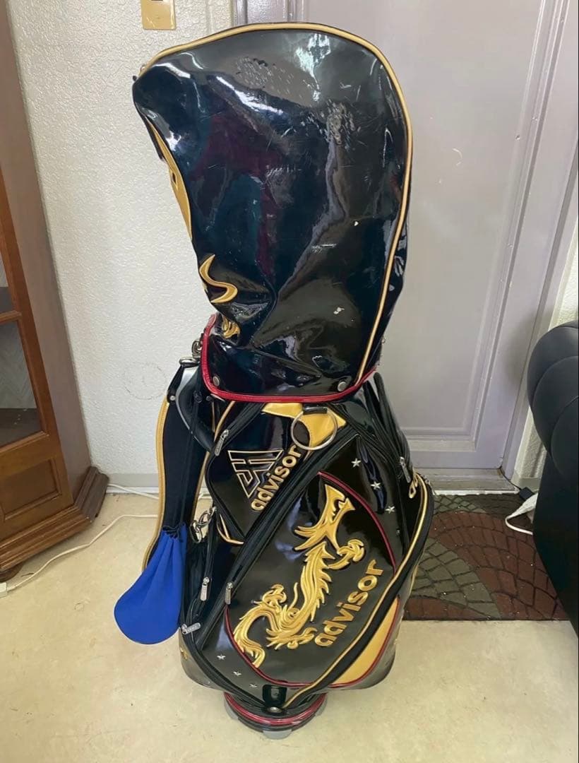 advisor ロゴ入 龍デザイン エナメルキャディバッグ 黒金 中古