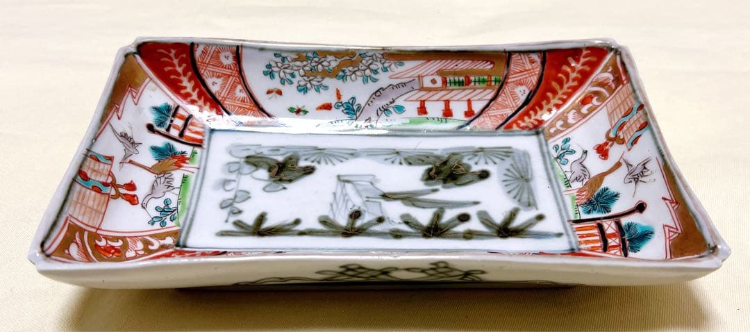古伊万里　色絵鶴松竹梅楼閣文　長皿1枚　アンティ－ク