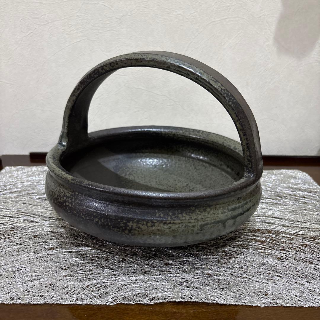 作家手作り陶器持ち手付きダークグレー