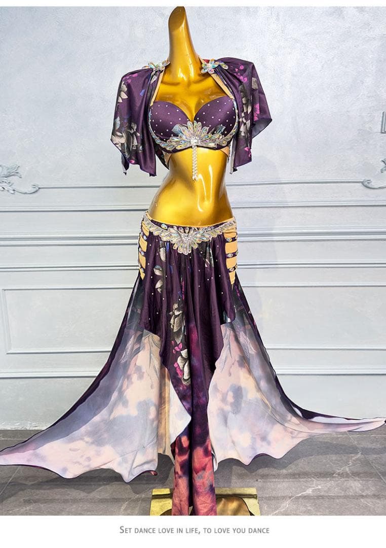 ベリーダンス衣装 パープル花柄 ブラ＆ロングスカート 高級ステージ衣装