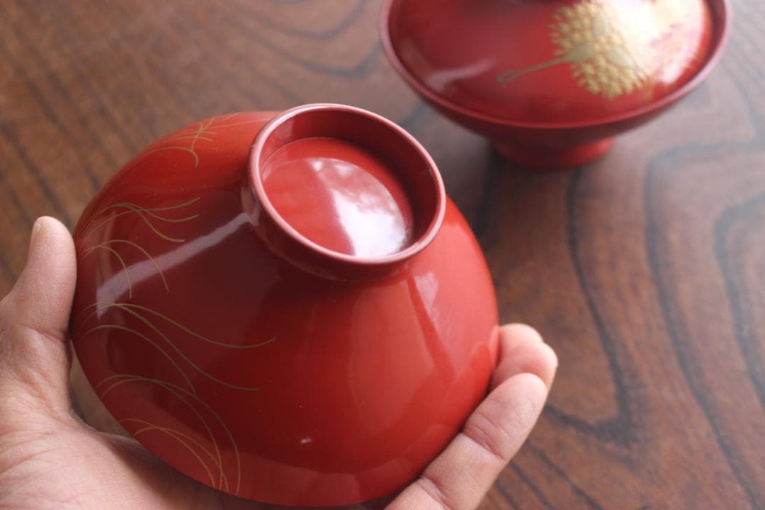 小傷有！時代朱漆に優美な薬玉蒔絵の映えるお椀2点（検輪島塗吸い物椀蒔絵椀