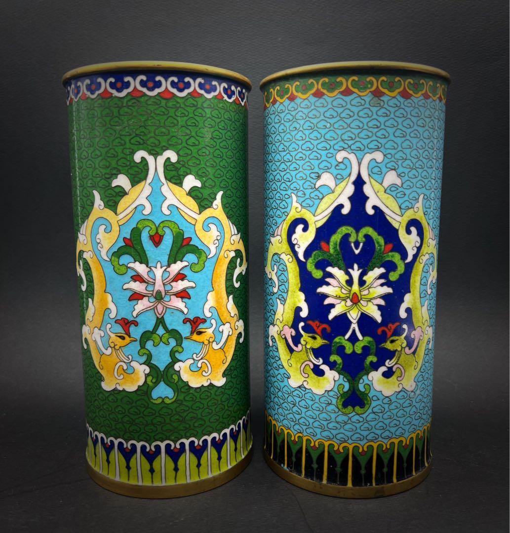 中國美術 古玩 七宝焼 景泰蓝 置物 寶相花紋樣帽筒2点