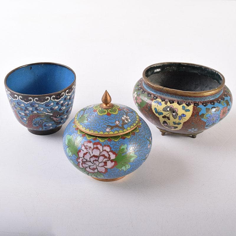 中国　古七宝琺瑯彩　花文　蓋爐　香炉　煎茶碗　3点まとめて　V　R8616