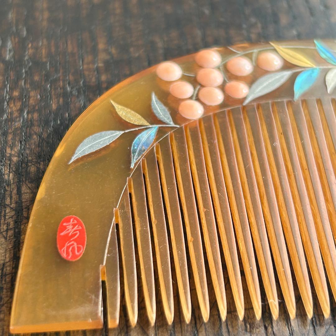 アンティーク　白甲に螺鈿さんご真珠　春風作　かんざし笄セット