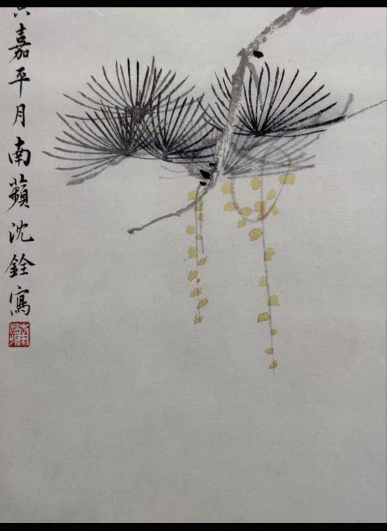 沈銓「牡丹双鶴図」大四尺 中堂掛軸　宣紙 手工表装　180×69cm