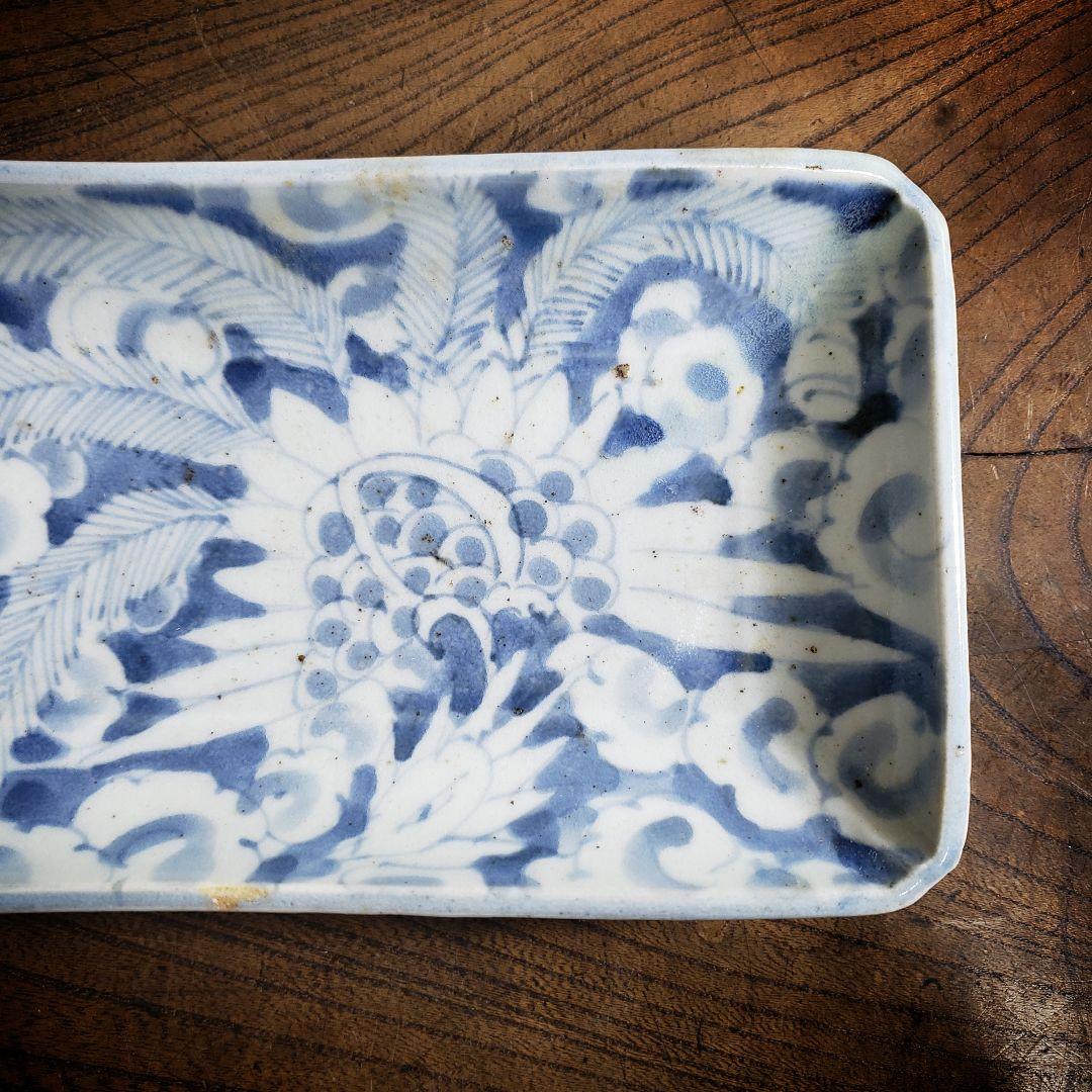 長皿　古伊万里　角皿　染付　鳳凰　雲 江戸