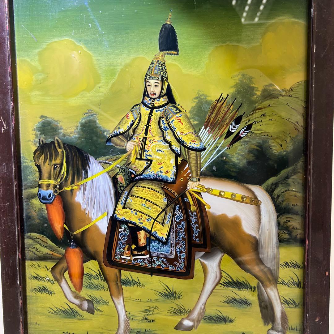 中国古玩　中国人物馬図　ガラス絵　金具込縦56㎝　東Y8-0205☆2F