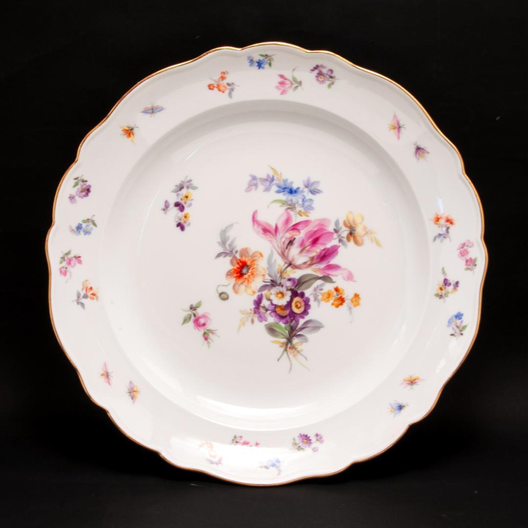 古マイセン 金彩 花のブーケと虫の絵付け 19C末 大皿 直径 34cm