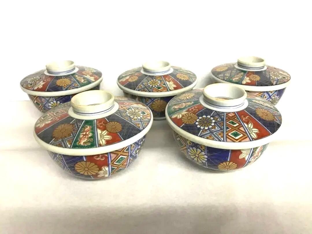 伊万里風菊模様蓋付碗(五客)