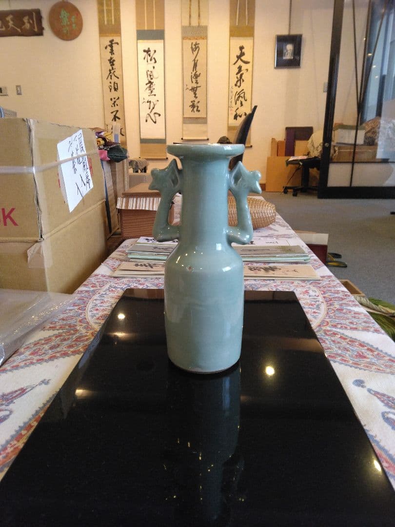 青緑色 陶器 花瓶 約25cm