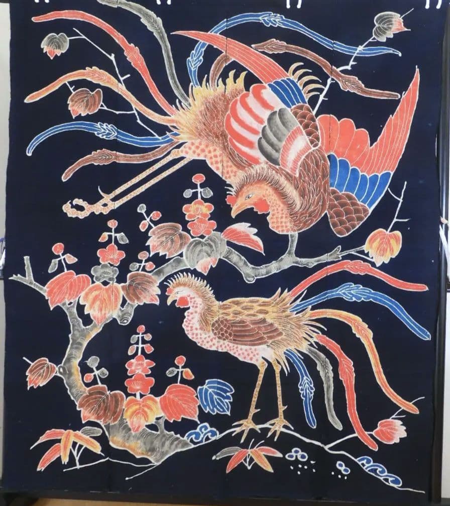 木綿・明治期・筒描4巾・鳳凰のつがい・アンティーク筒描き